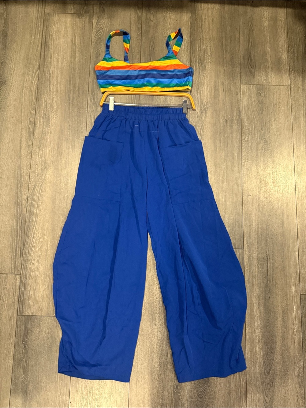 Rainbow Stripe Cropped Tank with Royal Blue Wide-Leg Pants